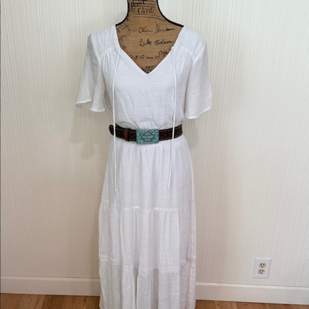 Luxology White V-Neck Tiered Maxi Dress with Flutter Sleeves